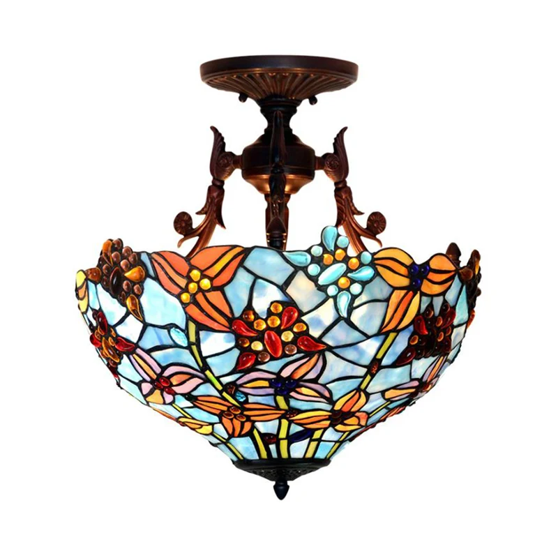 Premium Kwaliteit 3-lichts koepelvormige semi-gemonteerde verlichting Victoriaans blauw/lichtblauw glas--lood plafondlamp...