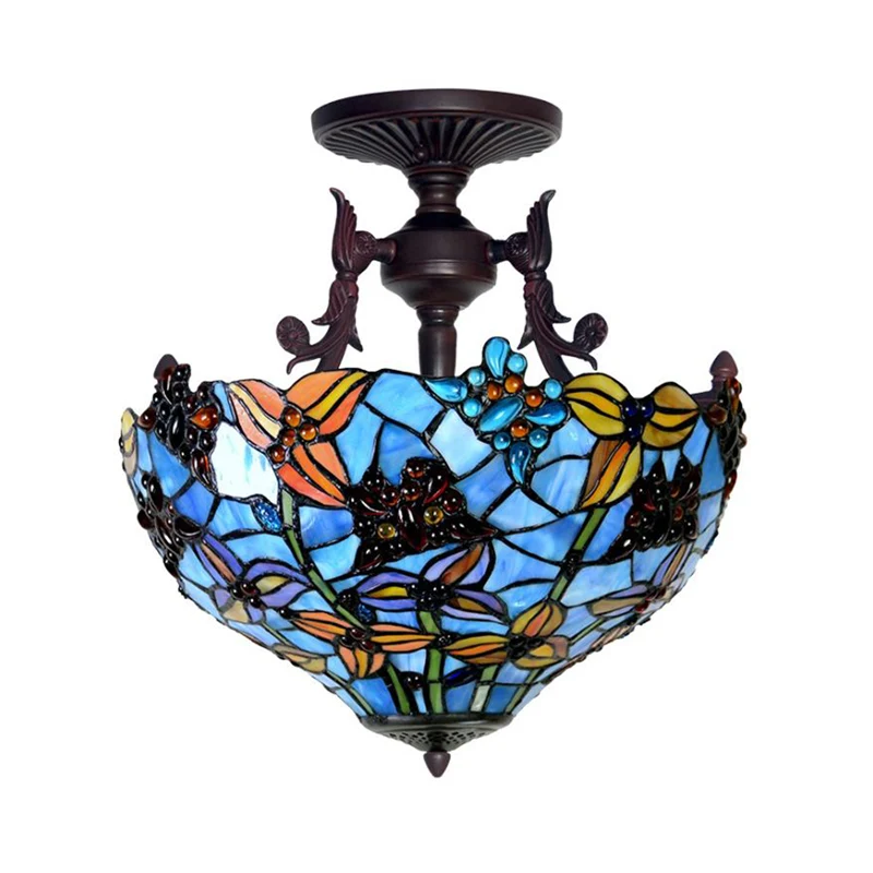 Premium Kwaliteit 3-lichts koepelvormige semi-gemonteerde verlichting Victoriaans blauw/lichtblauw glas--lood plafondlamp...