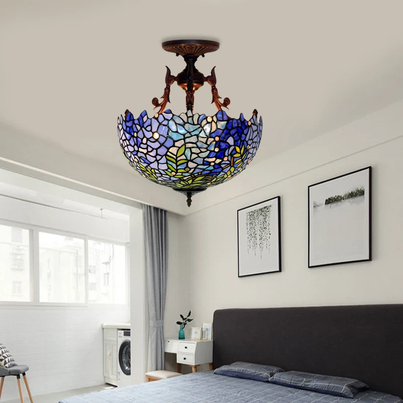 Premium Kwaliteit 3-lichts koepelvormige semi-gemonteerde verlichting Victoriaans blauw/lichtblauw glas--lood plafondlamp...