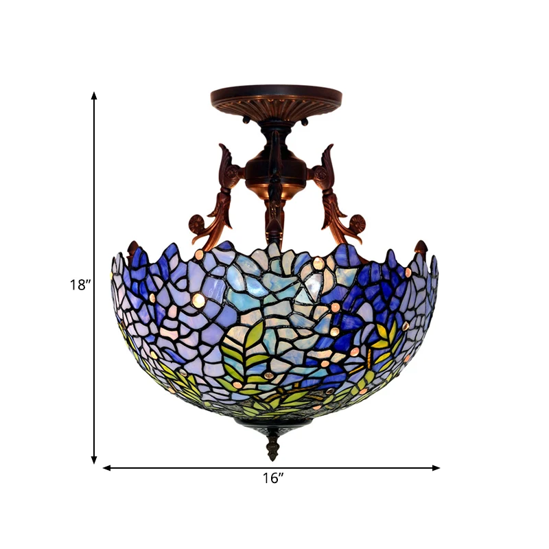 Premium Kwaliteit 3-lichts koepelvormige semi-gemonteerde verlichting Victoriaans blauw/lichtblauw glas--lood plafondlamp...