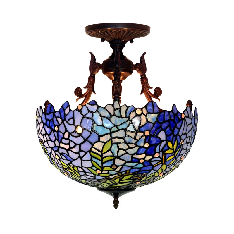 Premium Kwaliteit 3-lichts koepelvormige semi-gemonteerde verlichting Victoriaans blauw/lichtblauw glas--lood plafondlamp...