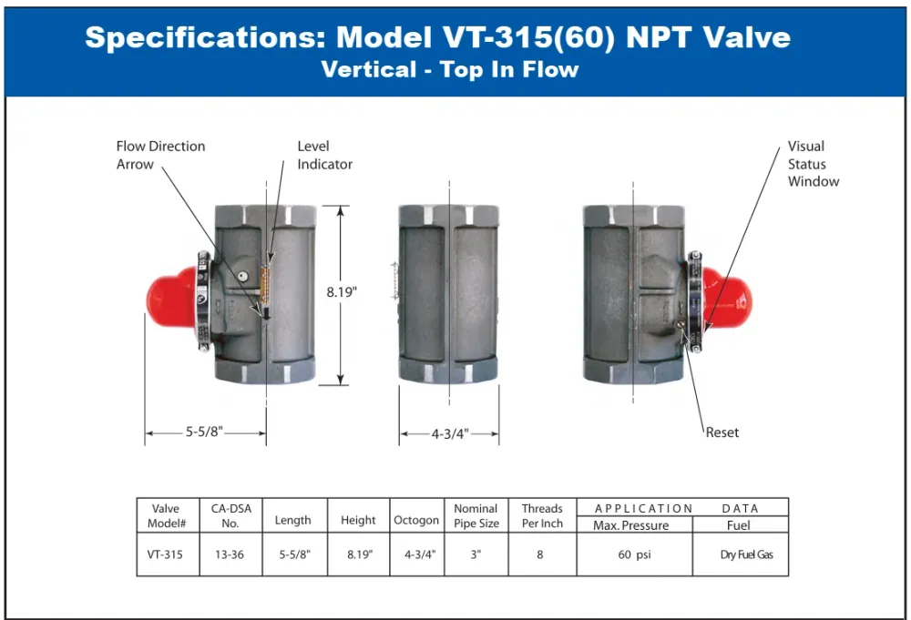 Pacific Seismic Products VT-315 Series 3" 60PSI Vertical Top Inlet Threaded High Pressure Earthquake Gas Shut-Off Valve