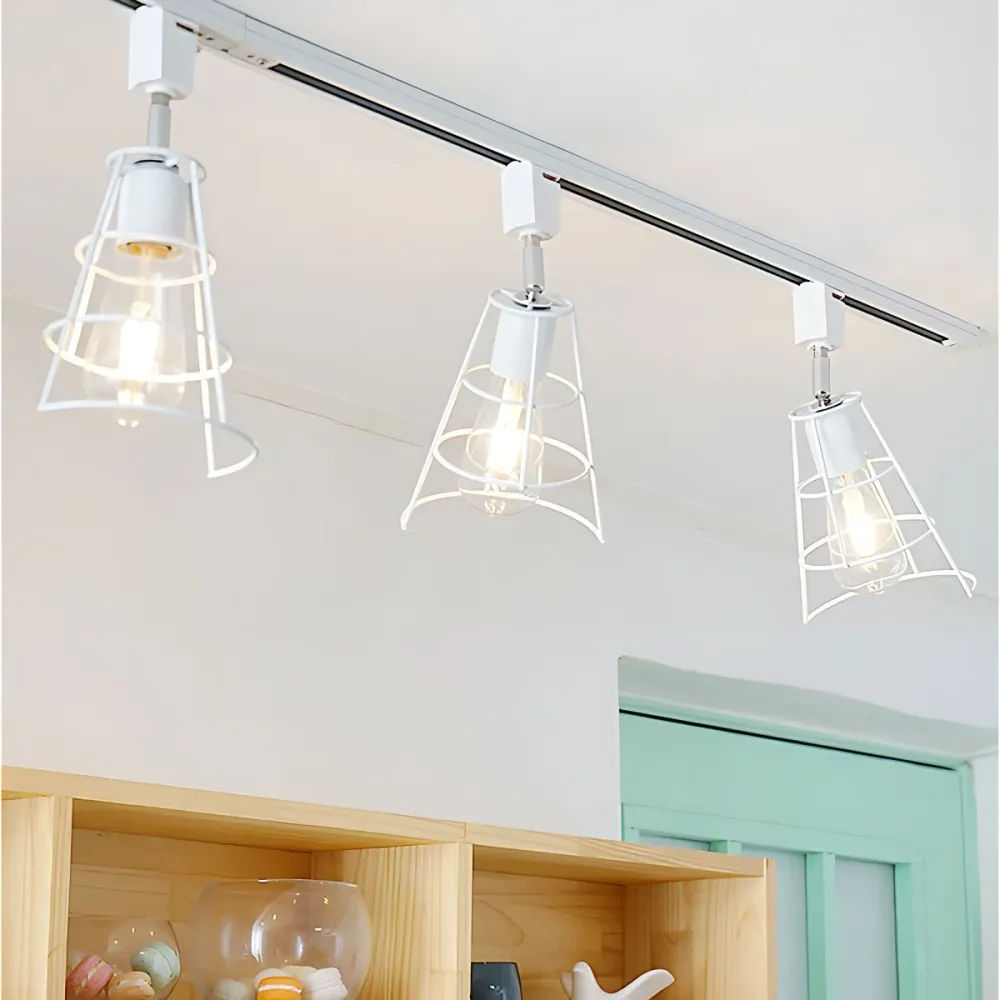 Halfverzonken plafondlamp met draadkooi, 3 lampen en conische kap, retrostijl zwart/wit metaal Draaibare plafondverlichtin...