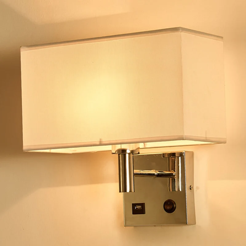 Beige/zwart/witte rechthoekige wandlamp Eenvoud 1-kops stoffen wandgemonteerde verlichting voor nachtkastje | CE-gecertifi...