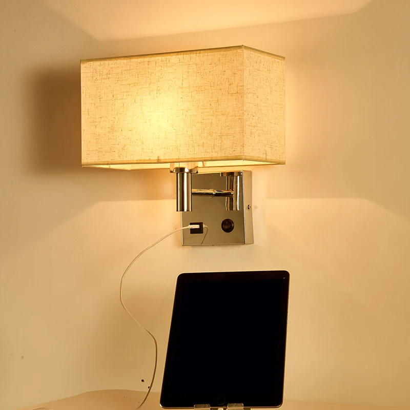 Beige/zwart/witte rechthoekige wandlamp Eenvoud 1-kops stoffen wandgemonteerde verlichting voor nachtkastje | CE-gecertifi...