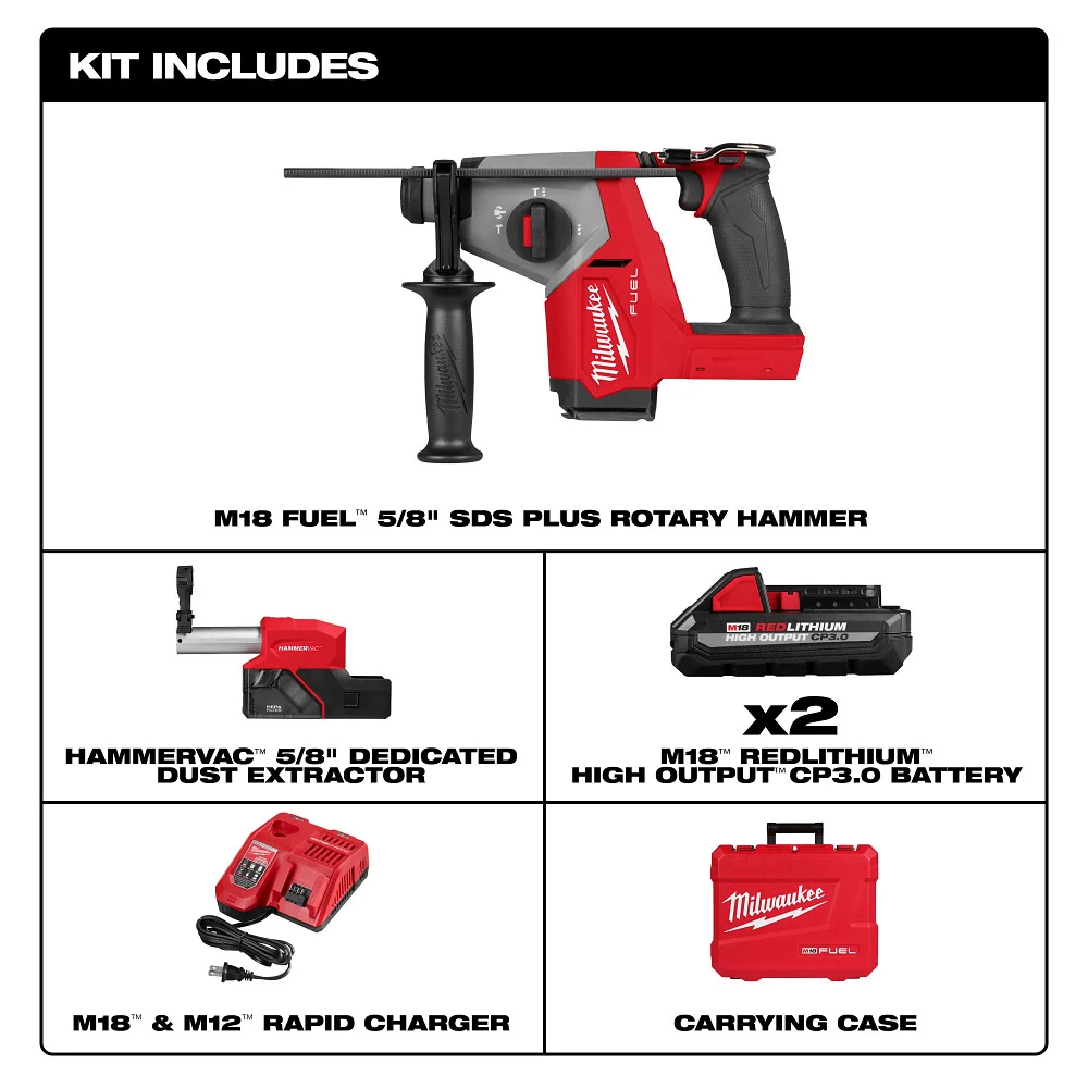 Temperatuurregelbare Soldeerbout M18 FUEL™ 5/8" SDS Plus Rotary Hammer w/ Dust Extractor Kit 2908-22DE