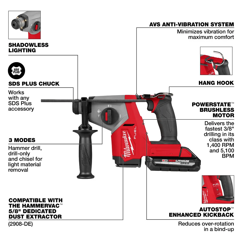 Temperatuurregelbare Soldeerbout M18 FUEL™ 5/8" SDS Plus Rotary Hammer w/ Dust Extractor Kit 2908-22DE