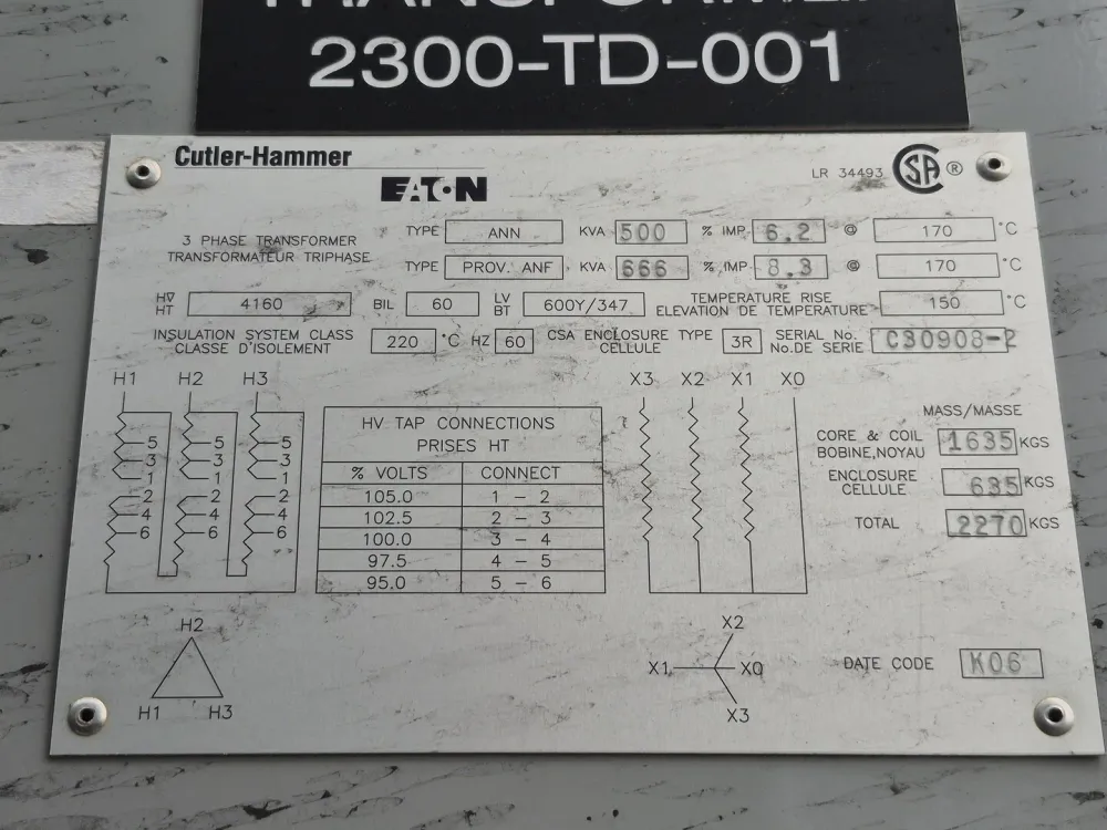 500 kVA Transformer, 4160 pri. volts, 600Y/347 sec. volts 3R Enclosure met Nachtzicht