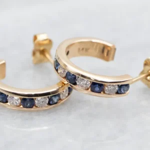Channel Set Sapphire and Diamond Hoop Earrings voor smalle deuren