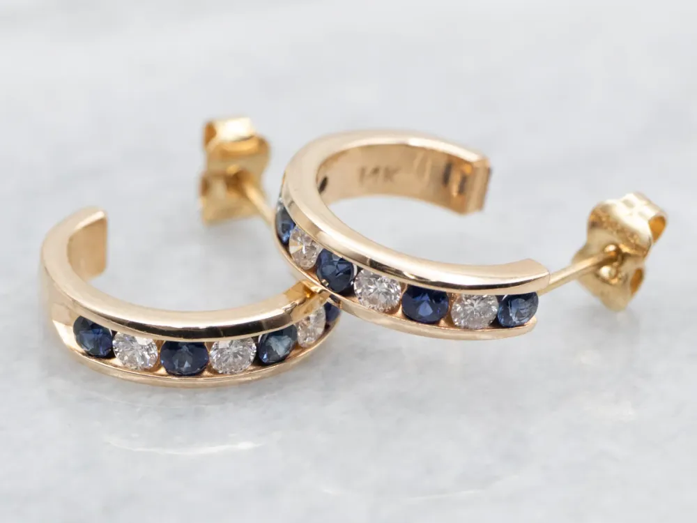 Channel Set Sapphire and Diamond Hoop Earrings voor smalle deuren