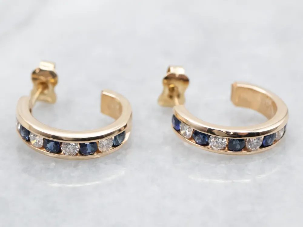 Channel Set Sapphire and Diamond Hoop Earrings voor smalle deuren