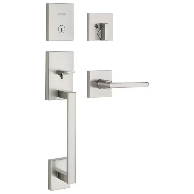 Kwikset Signature Series San Clemente Satijnstof Nickel Single-Cylinder Deadbolt Entry Door Handleset Halifax Lever and Sm...