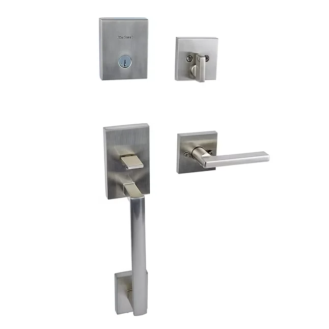 Kwikset Signature Series San Clemente Satijnstof Nickel Single-Cylinder Deadbolt Entry Door Handleset Halifax Lever and Sm...