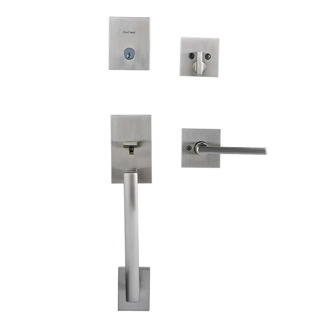 Kwikset Signature Series San Clemente Satijnstof Nickel Single-Cylinder Deadbolt Entry Door Handleset Halifax Lever and Sm...