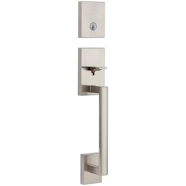 Kwikset Signature Series San Clemente Satijnstof Nickel Single-Cylinder Deadbolt Entry Door Handleset Halifax Lever and Sm...