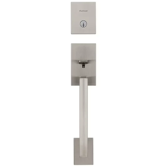 Kwikset Signature Series San Clemente Satijnstof Nickel Single-Cylinder Deadbolt Entry Door Handleset Halifax Lever and Sm...