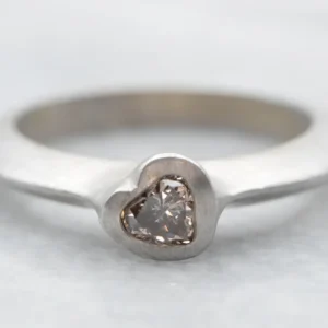 Matte White Gold Bezel Set Heart Shaped Champagne Diamond Solitaire Ring