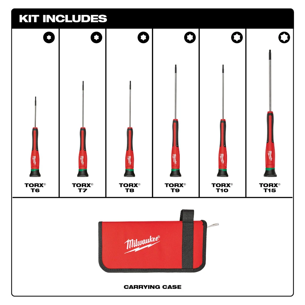 MILWAUKEE 6 PC. TORX® Precision Screwdriver Set w/ Case Heavy Duty | Commercieel gebruik