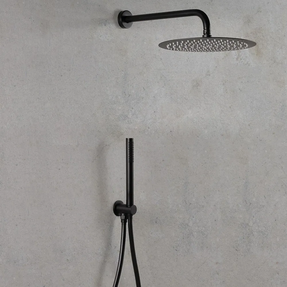Professionele Kwaliteit Round shower set 25 cm showerhead, Mia hand shower, water inlet and matte koolzwart hose Ares