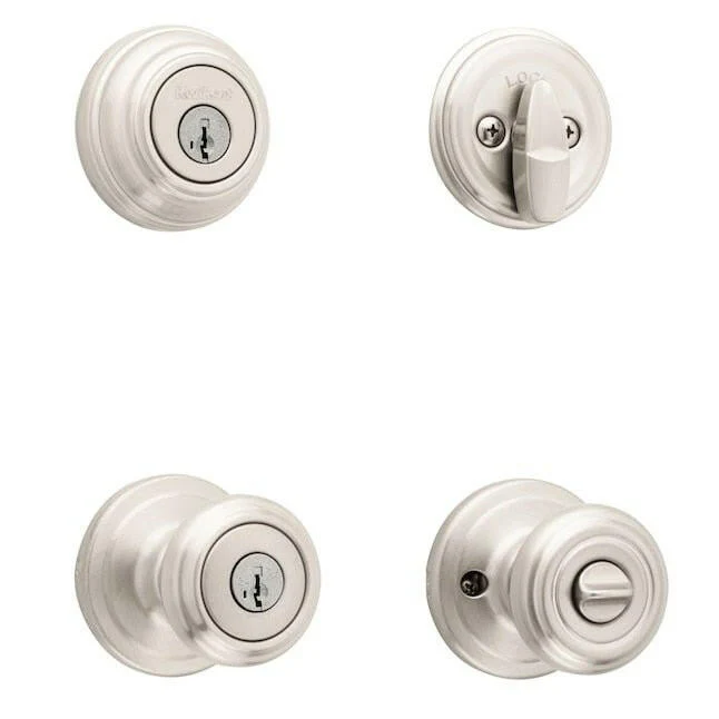 Kwikset Signatures Cameron Satijnstof Nickel Smartkey Single-cylinder deadbolt Keyed Entry Door Knob Combo Pack