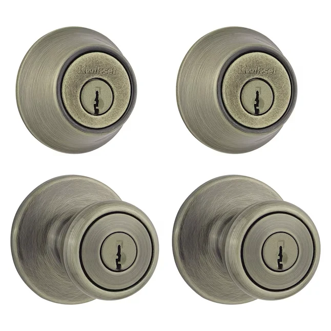 Kwikset Security Tylo Antique Geel koper Exterior Single-cylinder deadbolt Keyed Entry Door Knob Multi-pack Antimicrobial...
