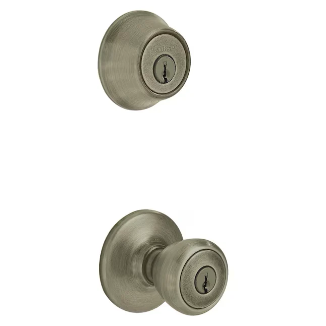 Kwikset Security Tylo Antique Geel koper Exterior Single-cylinder deadbolt Keyed Entry Door Knob Multi-pack Antimicrobial...