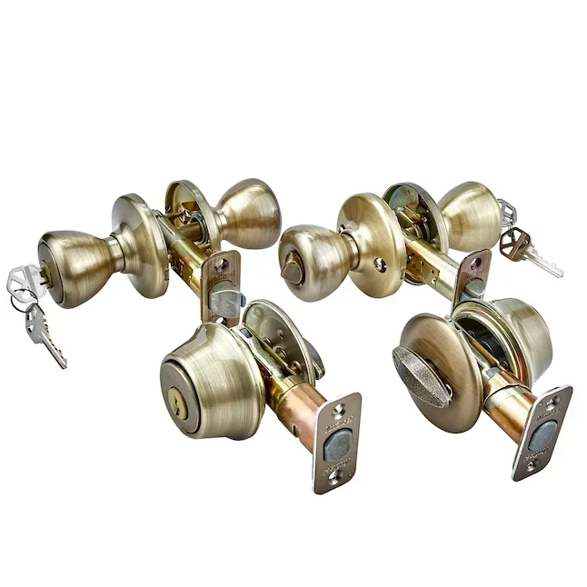 Kwikset Security Tylo Antique Geel koper Exterior Single-cylinder deadbolt Keyed Entry Door Knob Multi-pack Antimicrobial...