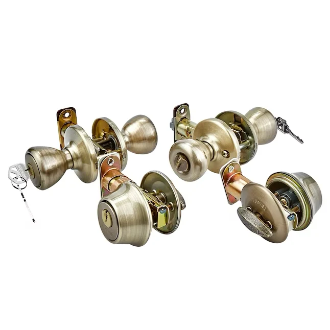 Kwikset Security Tylo Antique Geel koper Exterior Single-cylinder deadbolt Keyed Entry Door Knob Multi-pack Antimicrobial...