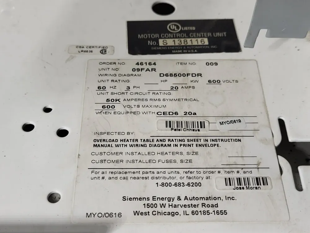 40/20 Amp 3 Poles 600 Volts 3Ph Circuit Breaker CED63B040 CED63B020 MCC Bucket