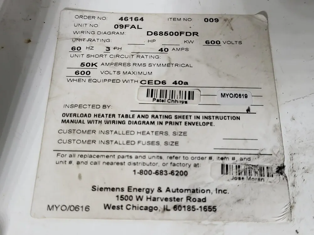 40/20 Amp 3 Poles 600 Volts 3Ph Circuit Breaker CED63B040 CED63B020 MCC Bucket