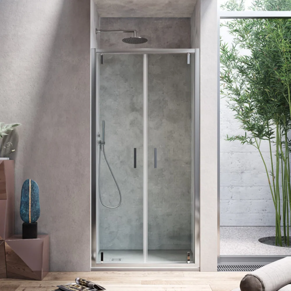 Shower door 2 hinged panels 79 cm model Dioniso 6 mm clear crystal Reversibel