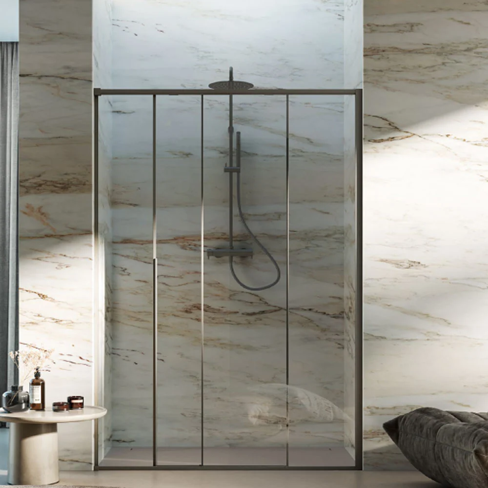 Sliding shower door Prestige 120 cm 6 mm crystal and minimal aluminium profile Taupe color. Right version