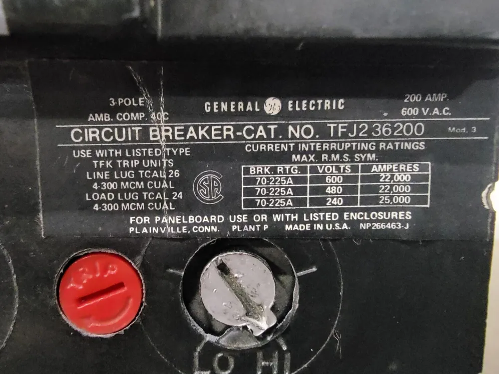 200 Amp, 3 Pole, 600 Volts Circuit Breaker TFJ236200
