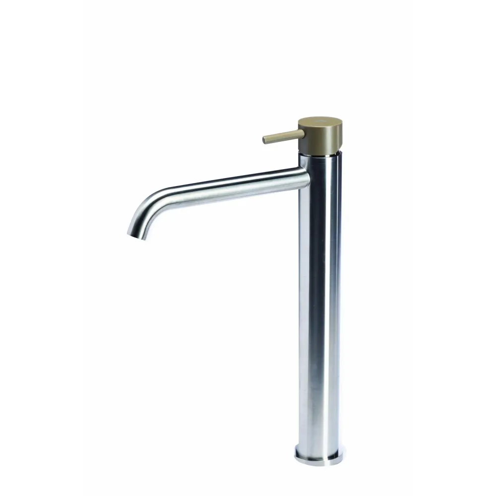 High Basin Mixer Tap without Drain Stainless Steel Strookglans Finish Desert Color Handle Tubico Colorado