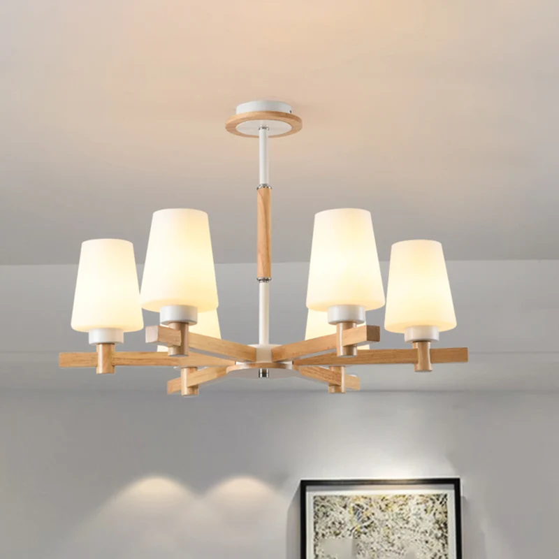 Melkglas taps toelopende kroonluchter moderne houten ophanglamp voor woonkamer