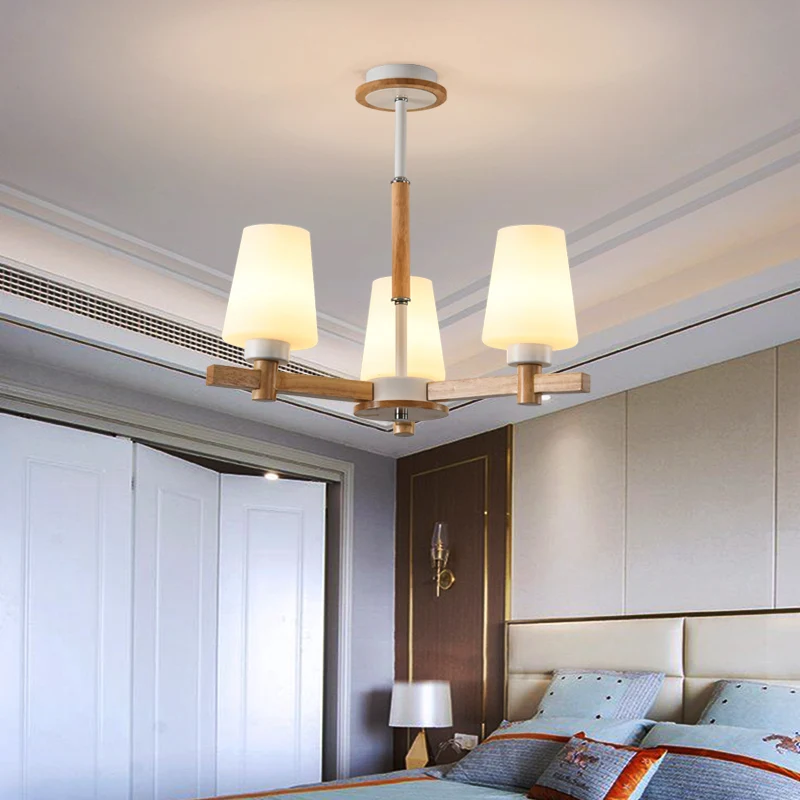 Melkglas taps toelopende kroonluchter moderne houten ophanglamp voor woonkamer