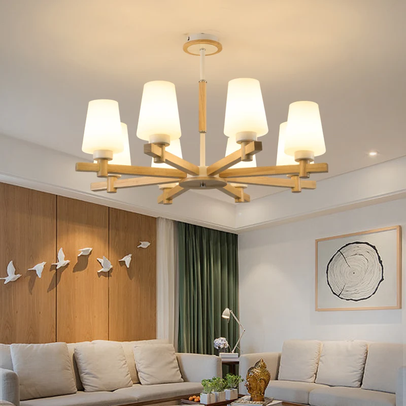 Melkglas taps toelopende kroonluchter moderne houten ophanglamp voor woonkamer