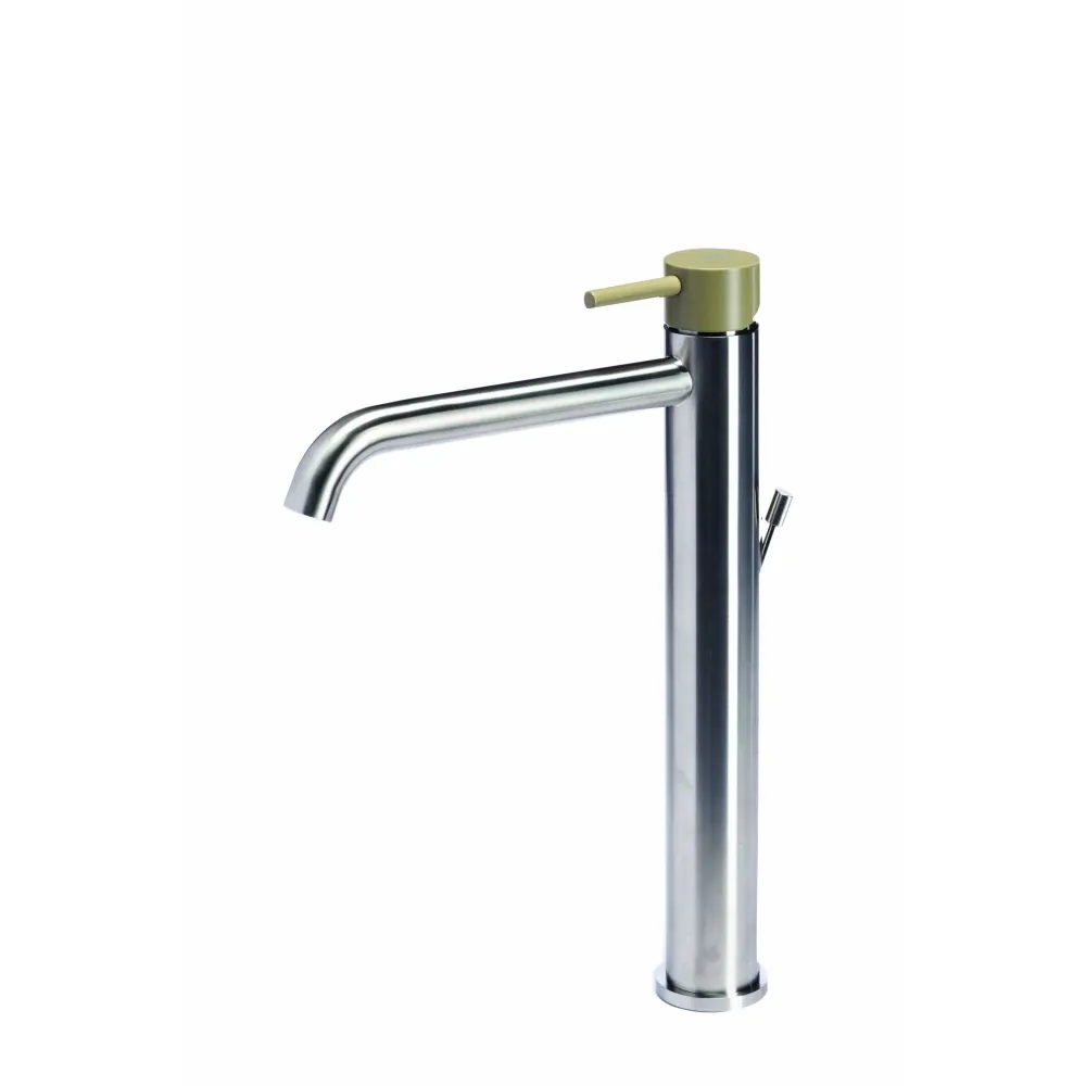 Tall Basin Mixer Tap Drain Stainless Staal Brushed Finish Olive-Colored Tubico Colorado Handle