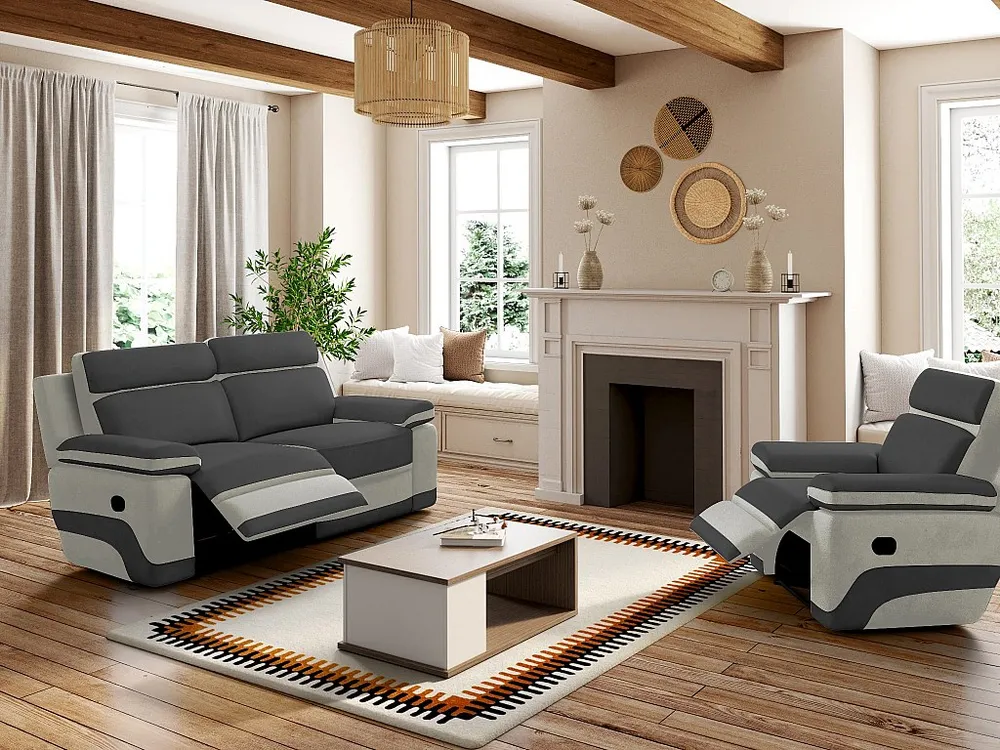 Driezits slaapbank + fauteuil - antraciet microvezel met lichtgrijze strepen TALCA