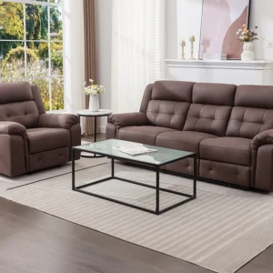 Elektrische driezitsrelaxbank en -fauteuil van bruin microvezel met verouderd leereffect ORTIANO