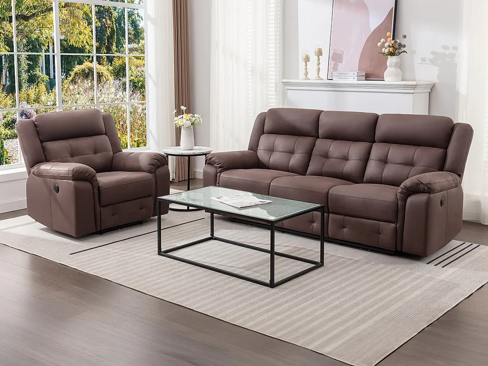 Elektrische driezitsrelaxbank en -fauteuil van bruin microvezel met verouderd leereffect ORTIANO