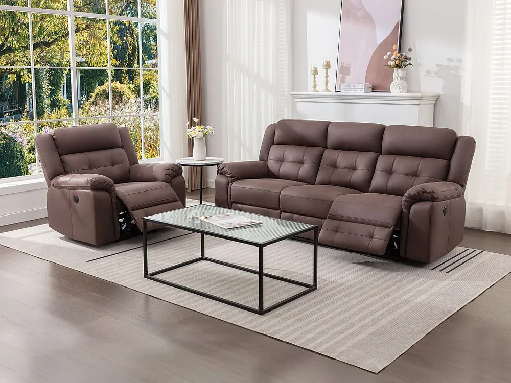 Elektrische driezitsrelaxbank en -fauteuil van bruin microvezel met verouderd leereffect ORTIANO