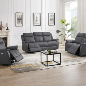 Elektrische relax-driezitsbank en -fauteuil van antracietgrijs vaarsleer NOMAJO