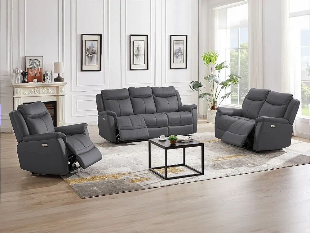 Elektrische relax-driezitsbank en -fauteuil van antracietgrijs vaarsleer NOMAJO