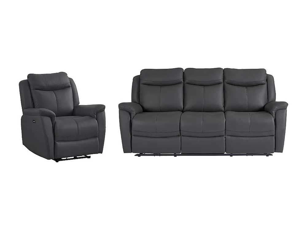 Elektrische relax-driezitsbank en -fauteuil van antracietgrijs vaarsleer NOMAJO