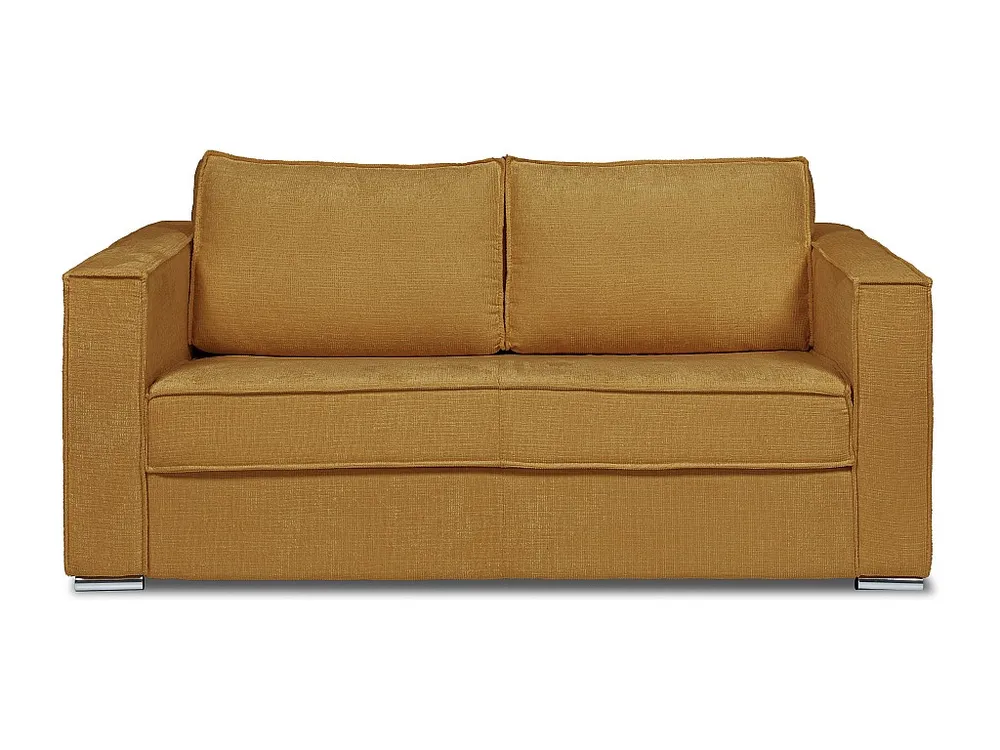 Express-driezitsslaapbank van mosterdgele stof met textuur, latten, 14 cm LORETO