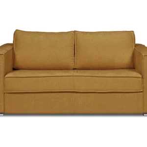 Express-driezitsslaapbank van mosterdgele stof met textuur, latten, 22cm LORETO