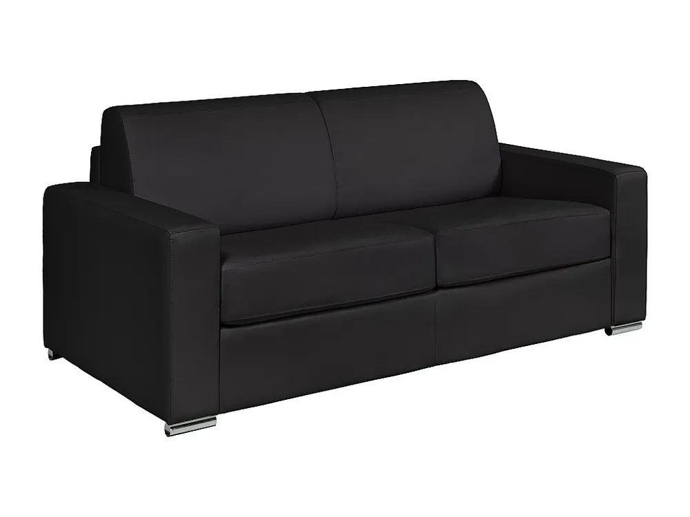 Express-driezitsslaapbank van zwart leer - Bed 140 cm - Matras 14 cm CALITO