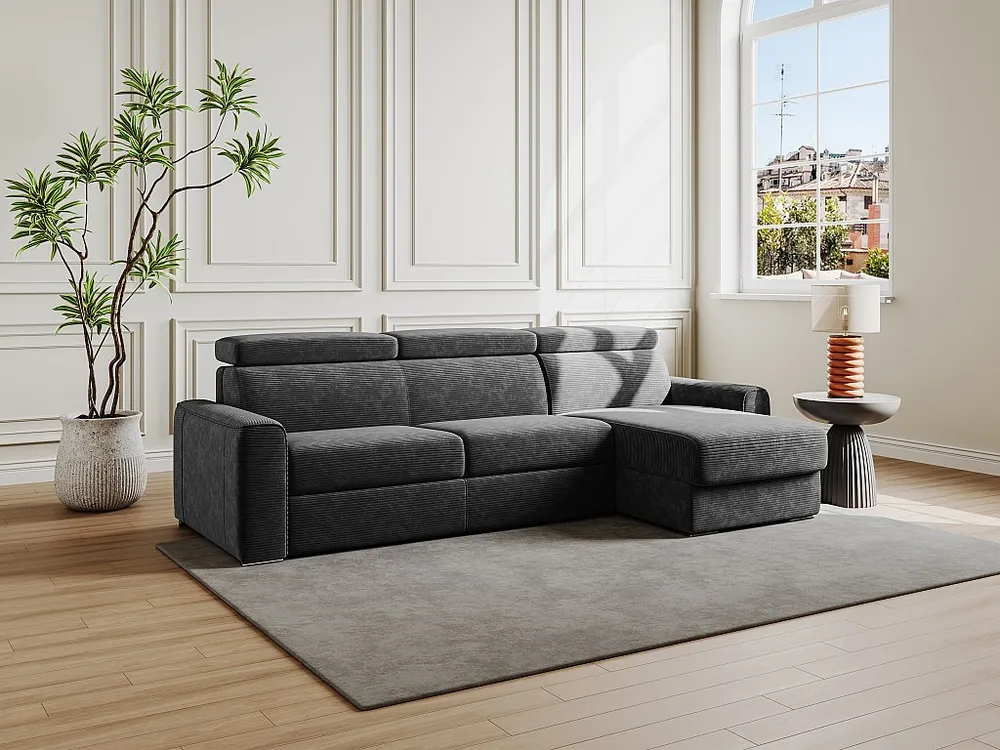 Express-hoekslaapbank van antracietgrijs ribfluweel, latten 140 cm VIZIR