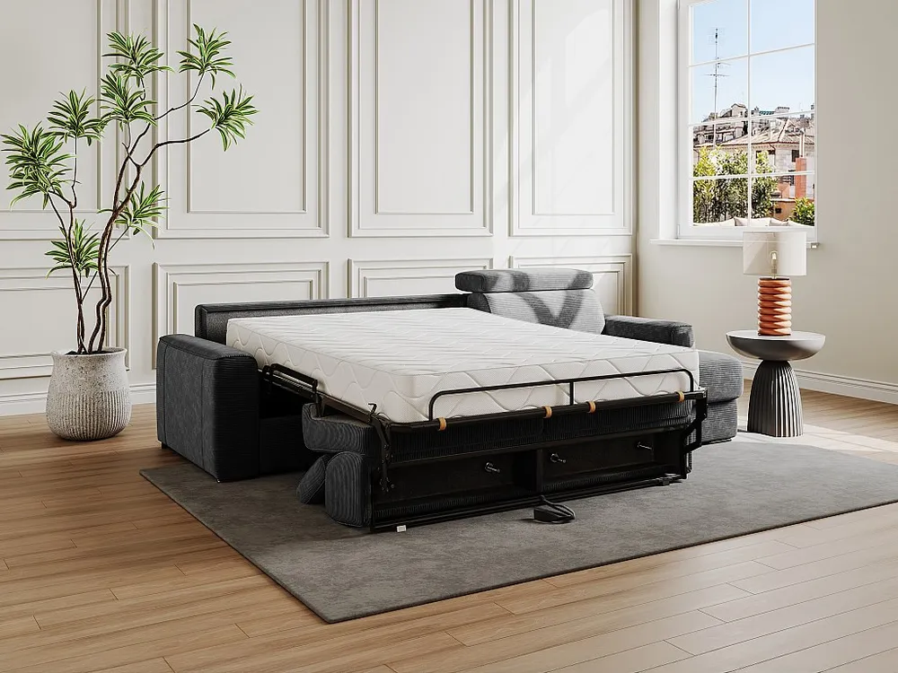 Express-hoekslaapbank van antracietgrijs ribfluweel, latten 140 cm VIZIR